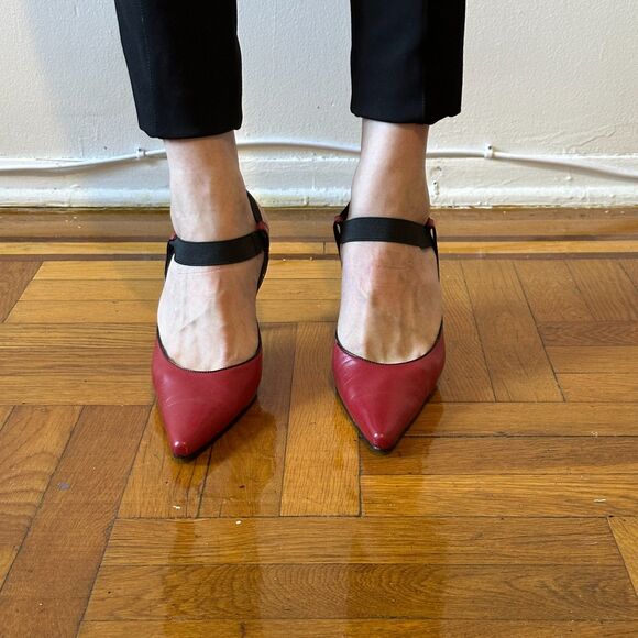 Steffani Collection Red Ankle Strap slingback heels 3 inch - Picture 2 of 8